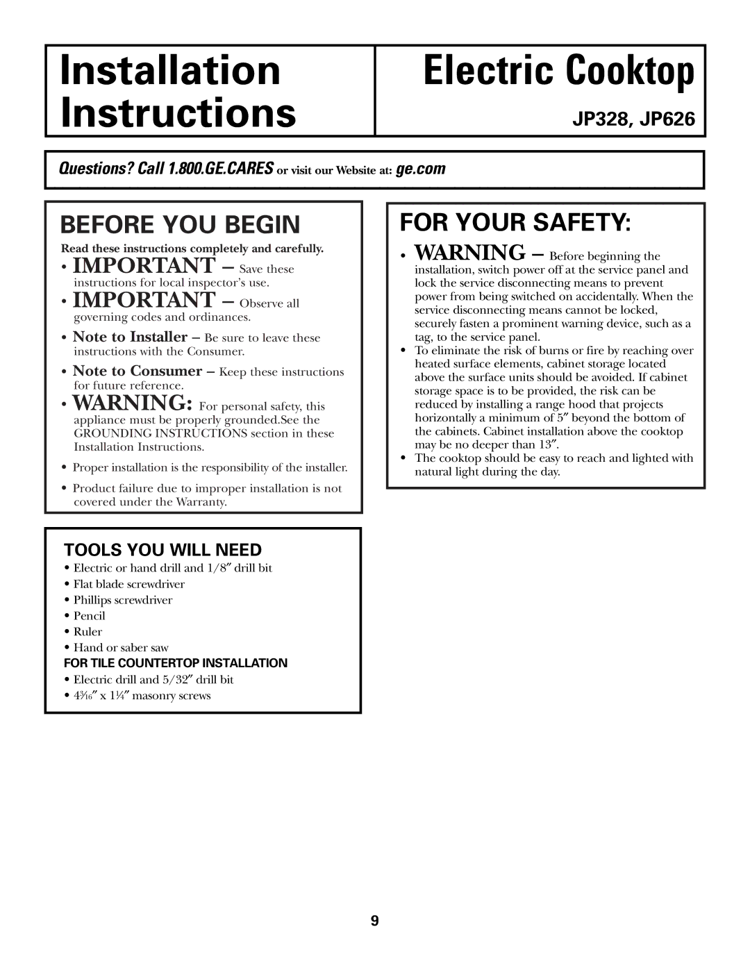 GE JP626WFWW owner manual Installation Instructions Electric Cooktop, Tools YOU will Need 