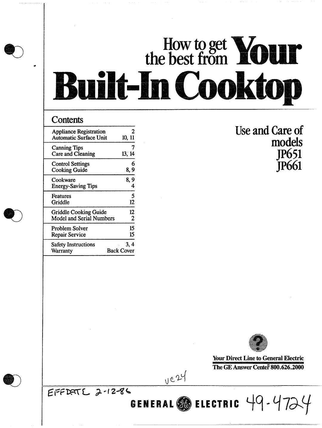 GE JP661, JP651 warranty Btit=hCooktop 