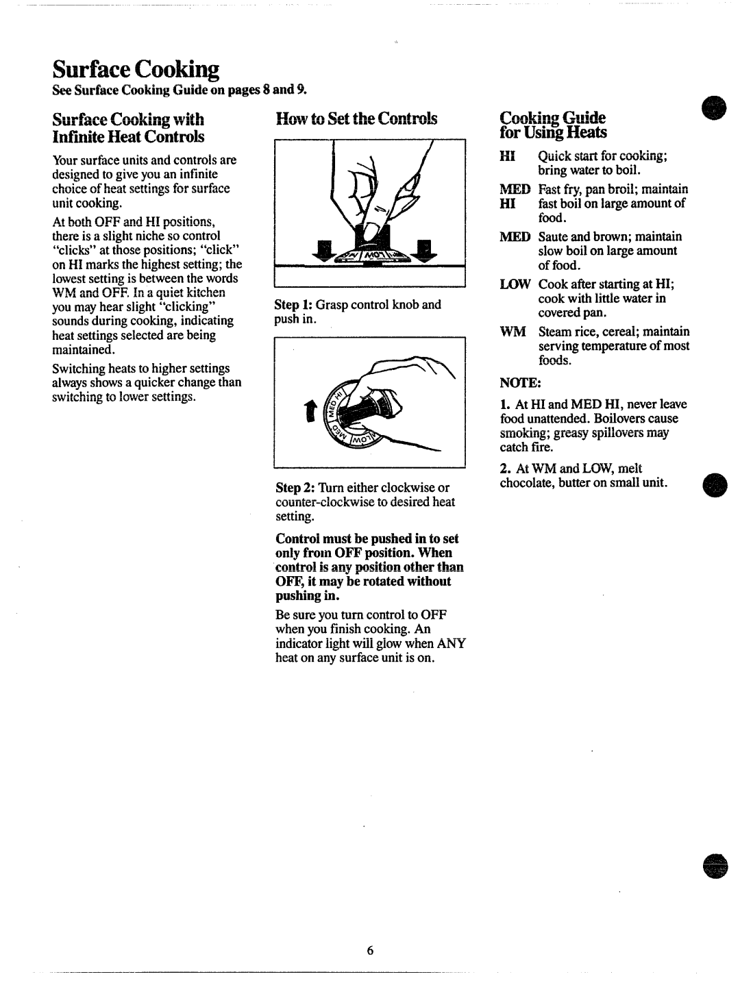 GE JP651, JP661 IhrfaceCooking, HOWtoSettheControls, ChokingGuide forUsingHeats, SeeSurfaceCookingGuideon pages8 and9 