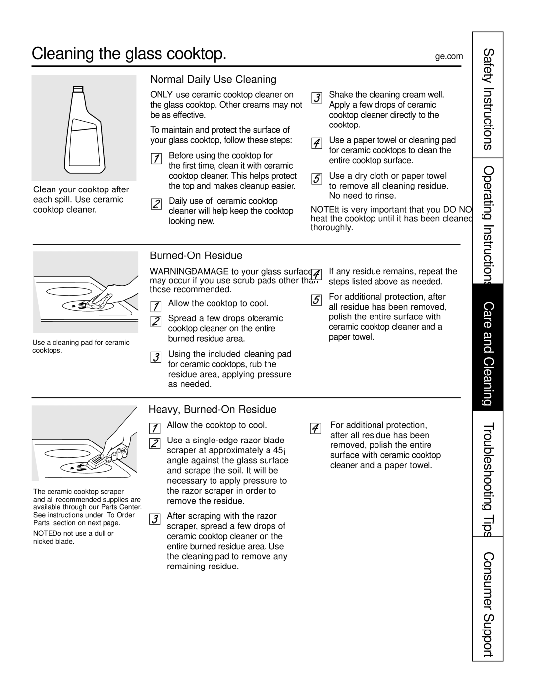 GE JP655 owner manual Cleaning the glass cooktop, Normal Daily Use Cleaning, Heavy, Burned-On Residue 