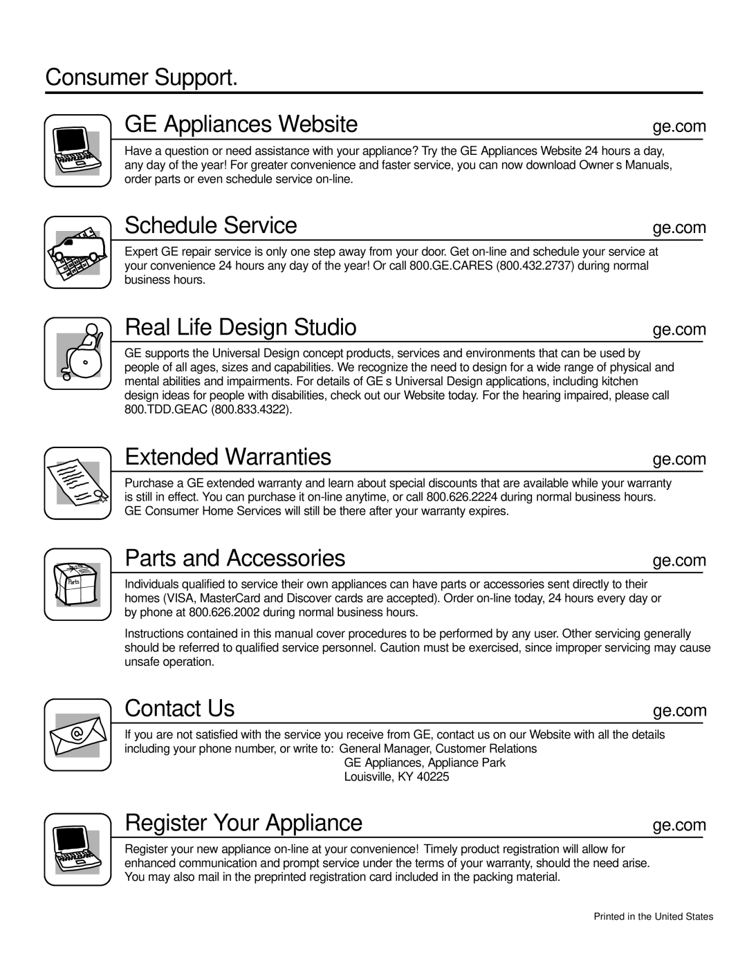 GE JP655 Consumer Support GE Appliances Website, Schedule Service, Real Life Design Studio, Extended Warranties 