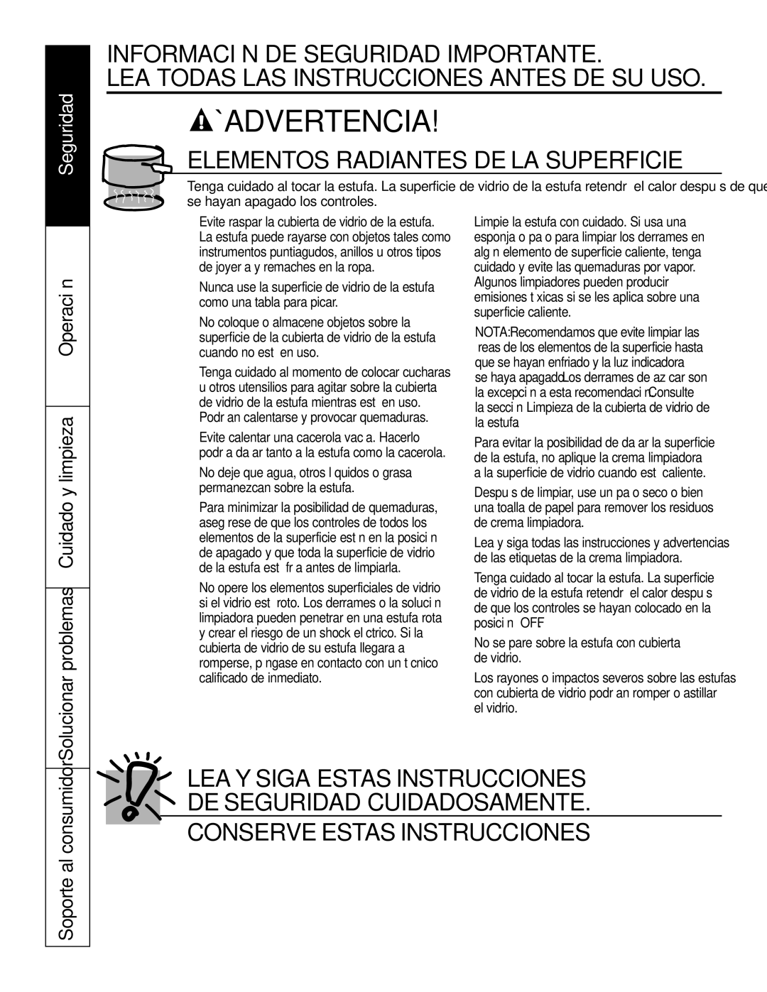 GE JP655 owner manual Elementos Radiantes DE LA Superficie, Operación Solucionar problemas Cuidado y limpieza 