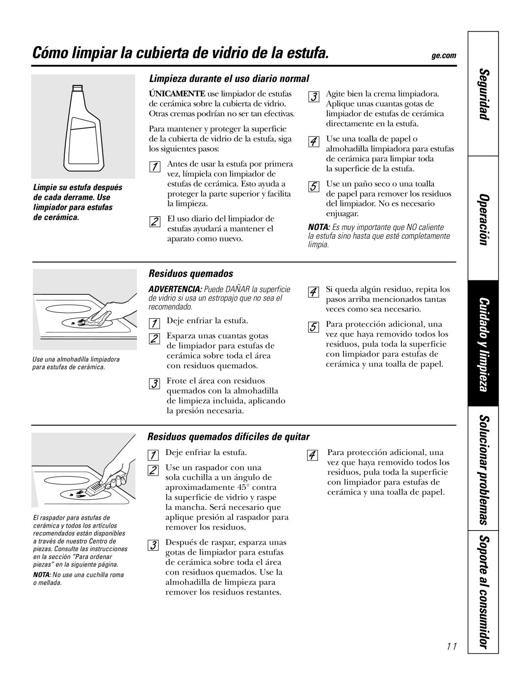 GE JP655 Cómo limpiar la cubierta de vidrio de la estufa, Limpieza durante el uso diario normal, Residuos quemados 