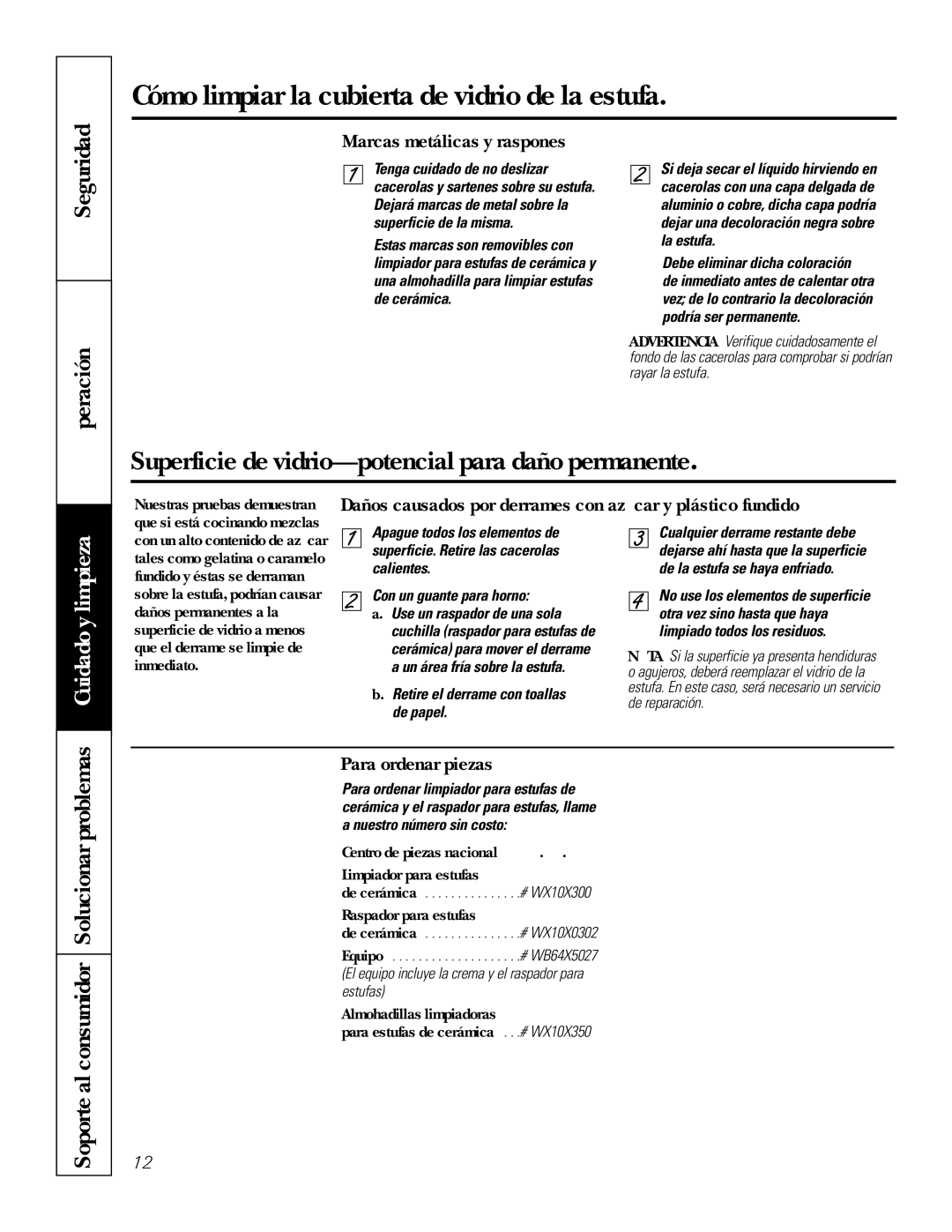 GE JP655 Seguridad Operación, Soporte al consumidor Solucionar problemas, Marcas metálicas y raspones, Para ordenar piezas 