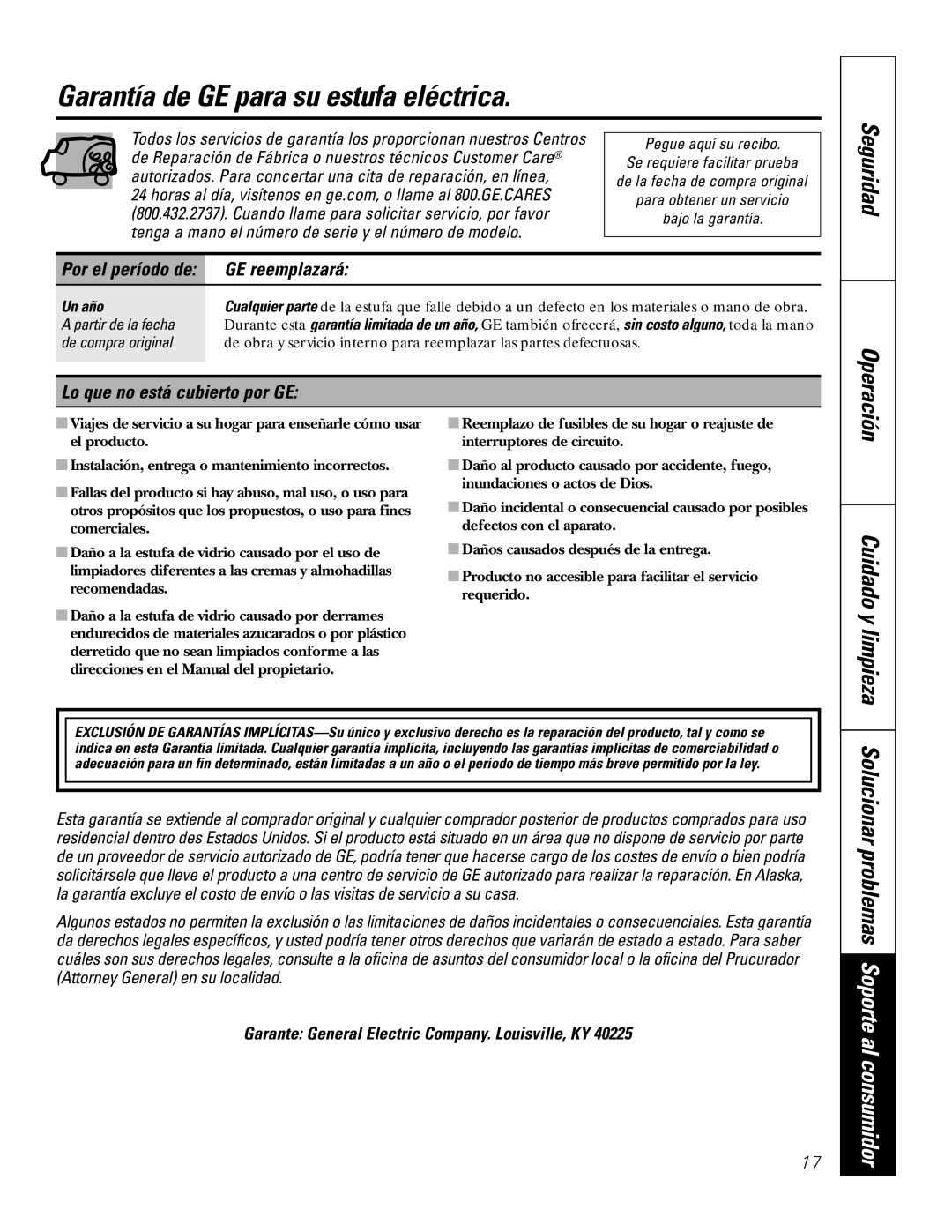 GE JP655 owner manual Garantía de GE para su estufa eléctrica, GE reemplazará, Lo que no está cubierto por GE, Un año 