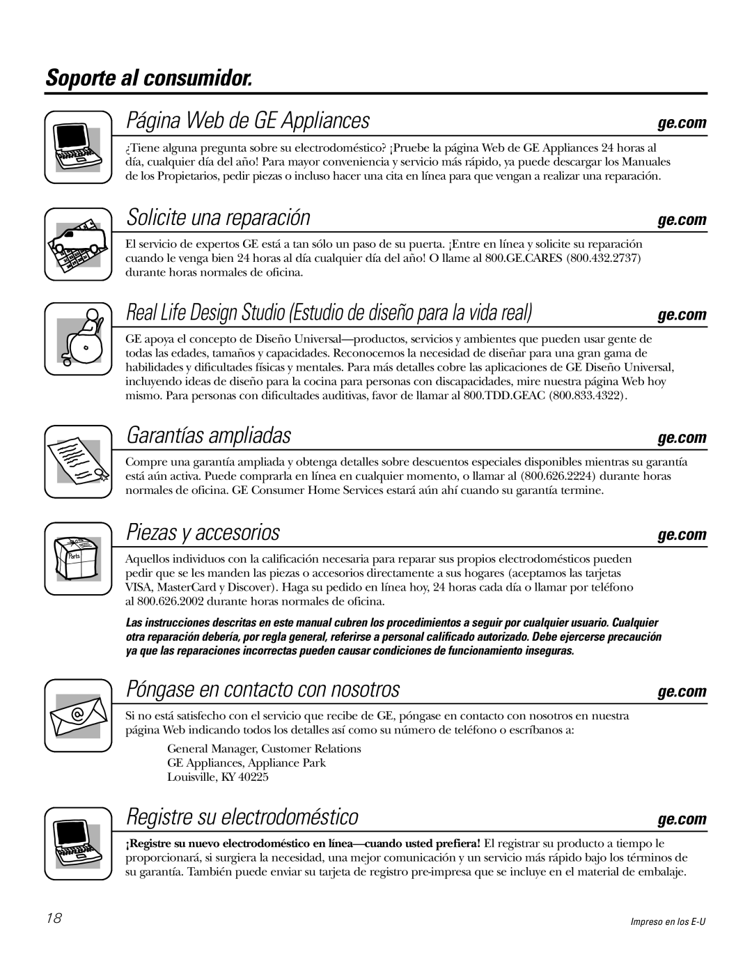 GE JP655 owner manual Soporte al consumidor Página Web de GE Appliances, Solicite una reparación, Garantías ampliadas 