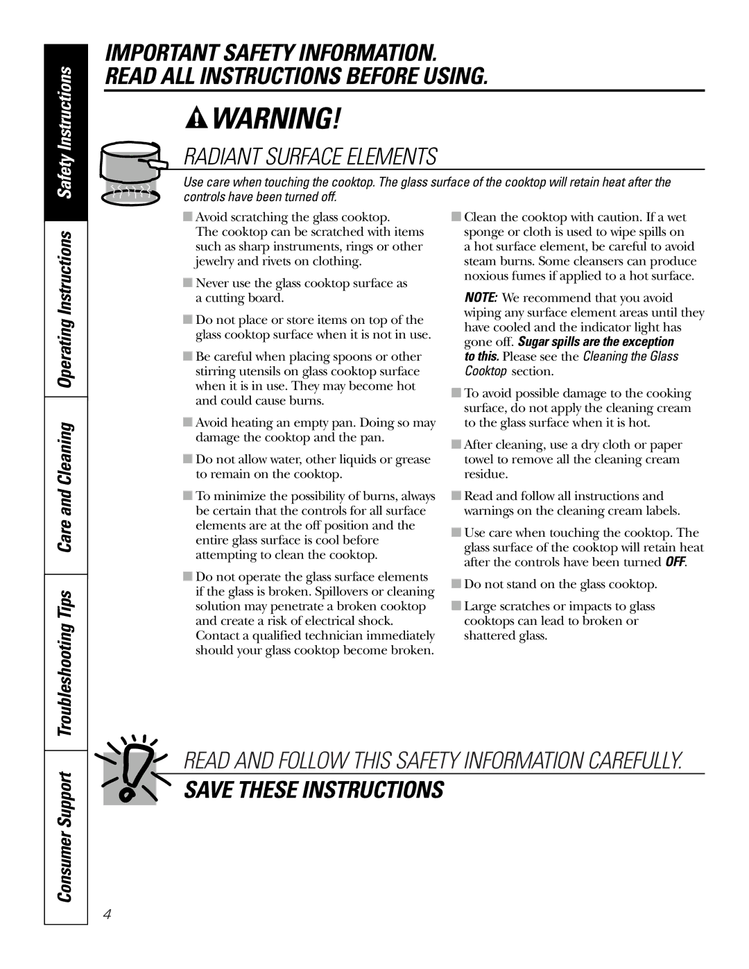 GE JP655 owner manual Radiant Surface Elements, Consumer Support 