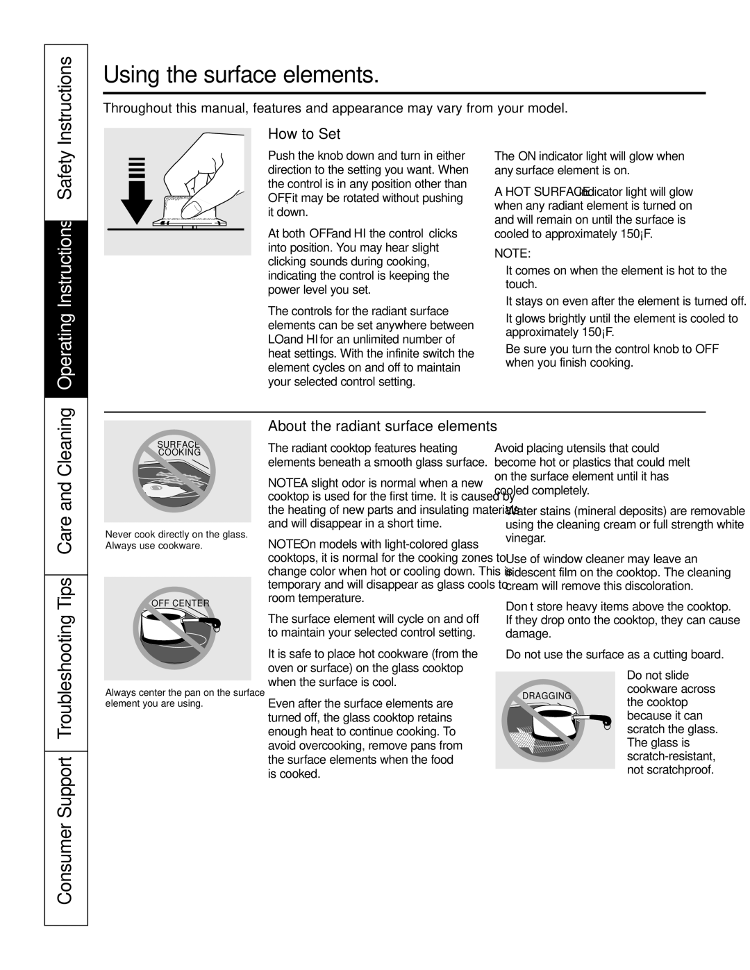 GE JP655 owner manual Using the surface elements, Instructions, How to Set, About the radiant surface elements… 