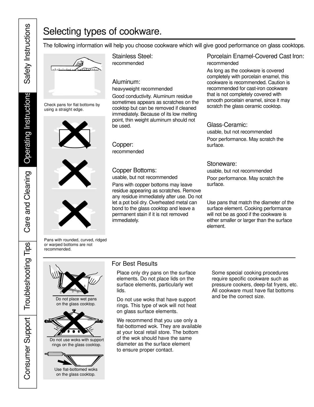 GE JP655 owner manual Selecting types of cookware, Tips Care and Cleaning Operating Instructions Safety 