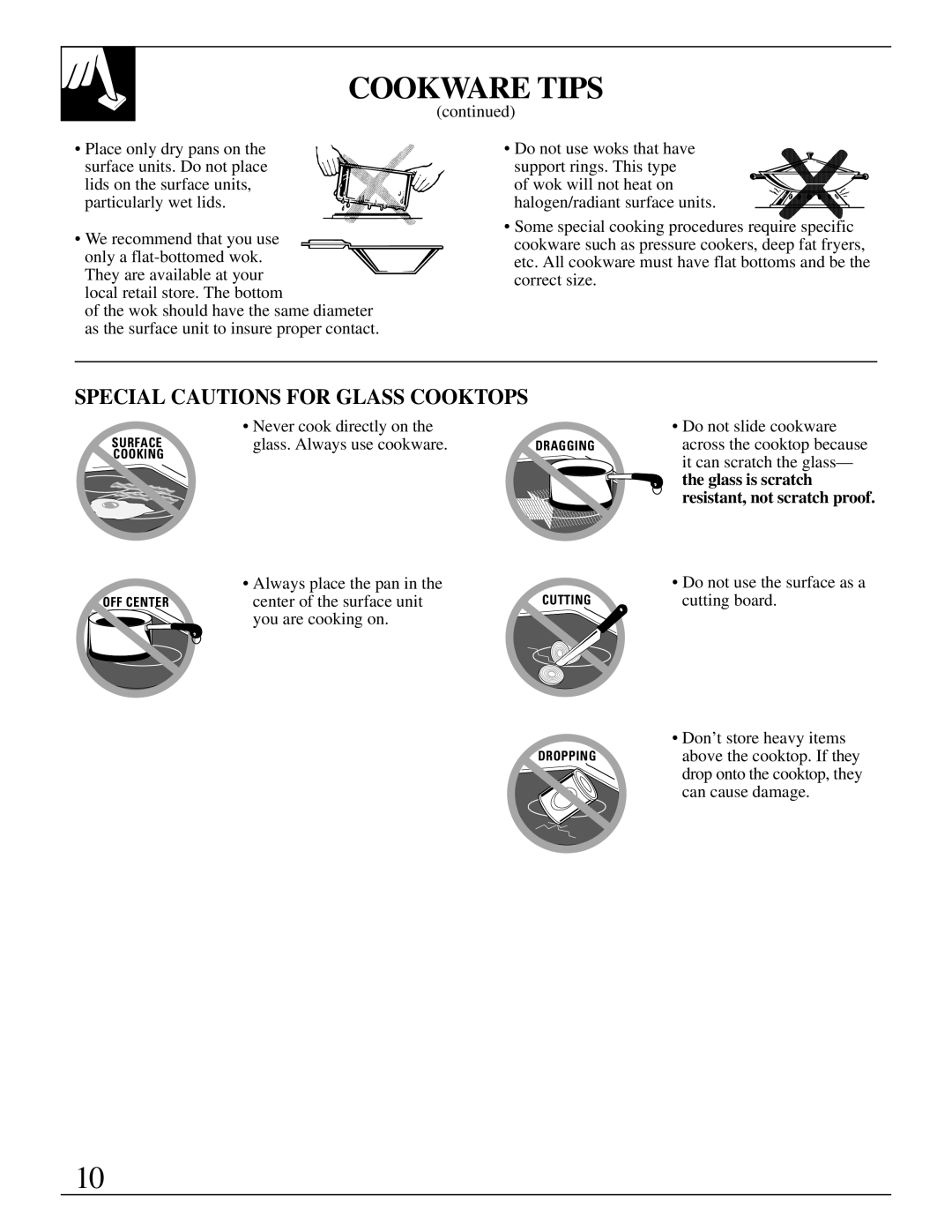 GE JP660, 164D2966P161-1 operating instructions Never cook directly on, Glass. Always use cookware 