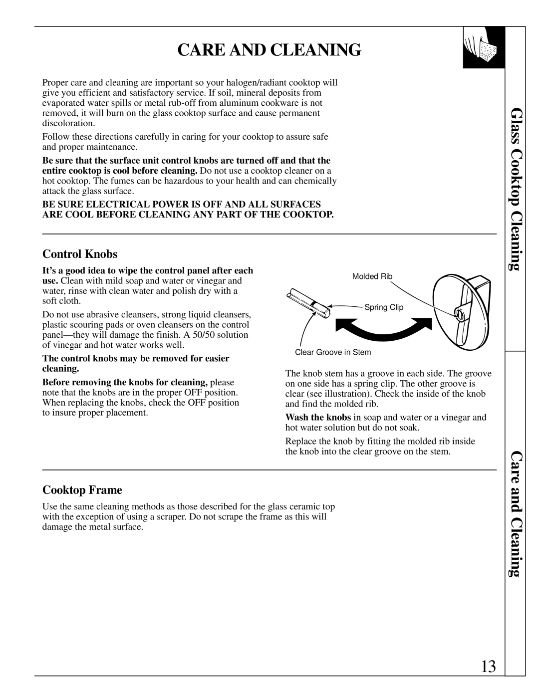 GE 164D2966P161-1, JP660 operating instructions Care and Cleaning, Control Knobs, Cooktop Frame 