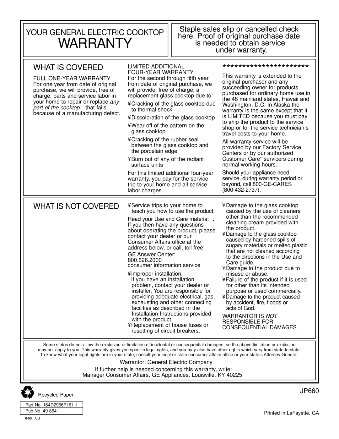 GE JP660, 164D2966P161-1 operating instructions Warranty 
