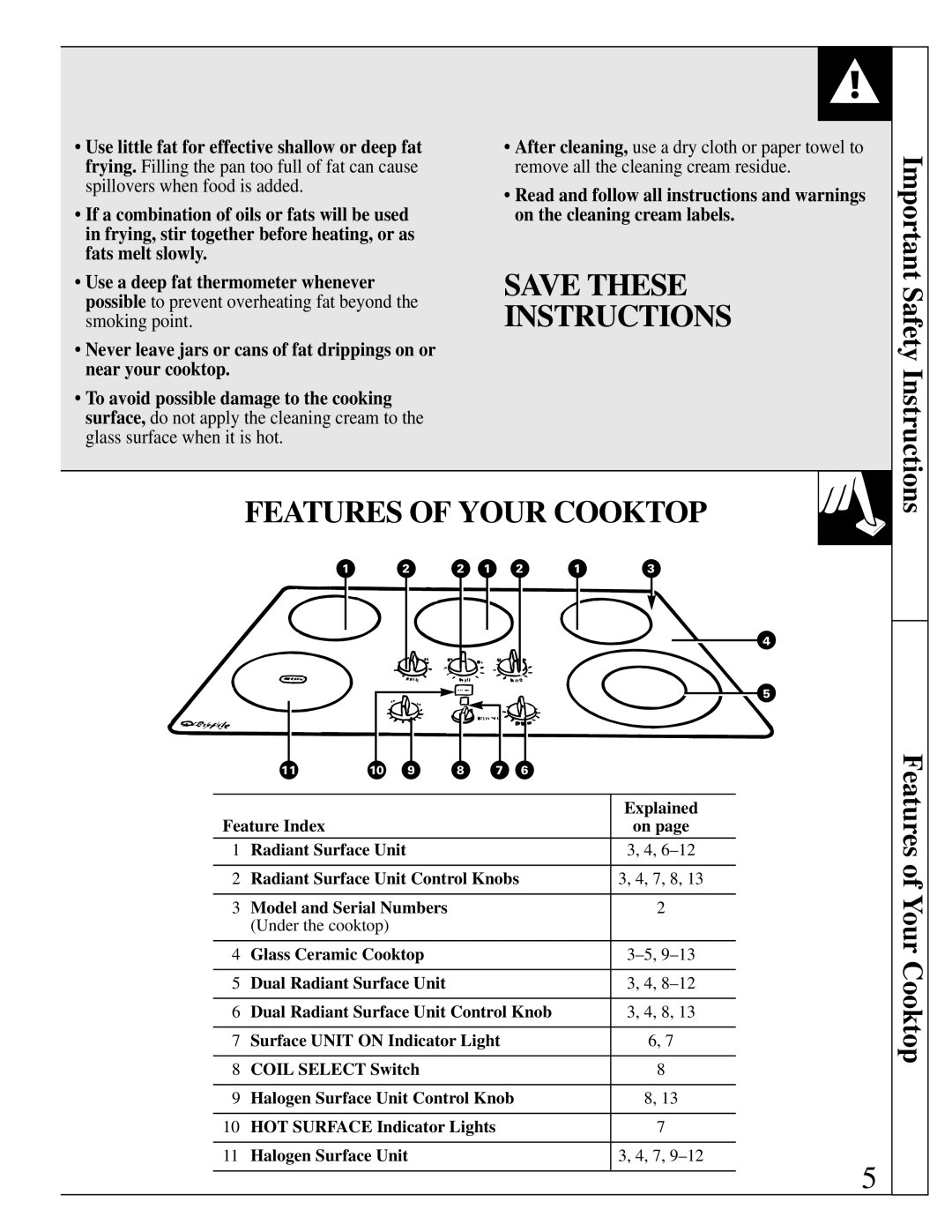 GE 164D2966P161-1, JP660 Save These Instructions, Features of Your Cooktop, Feature Index Radiant Surface Unit 