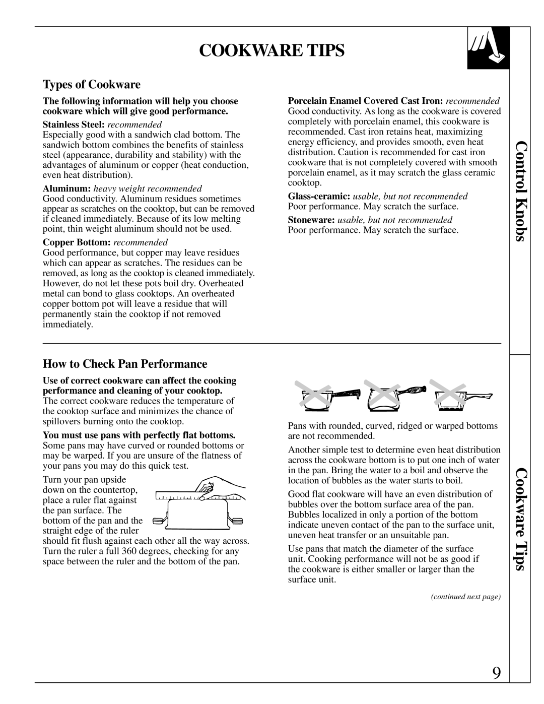 GE 164D2966P161-1, JP660 Cookware Tips, Control Knobs, Types of Cookware, How to Check Pan Performance 