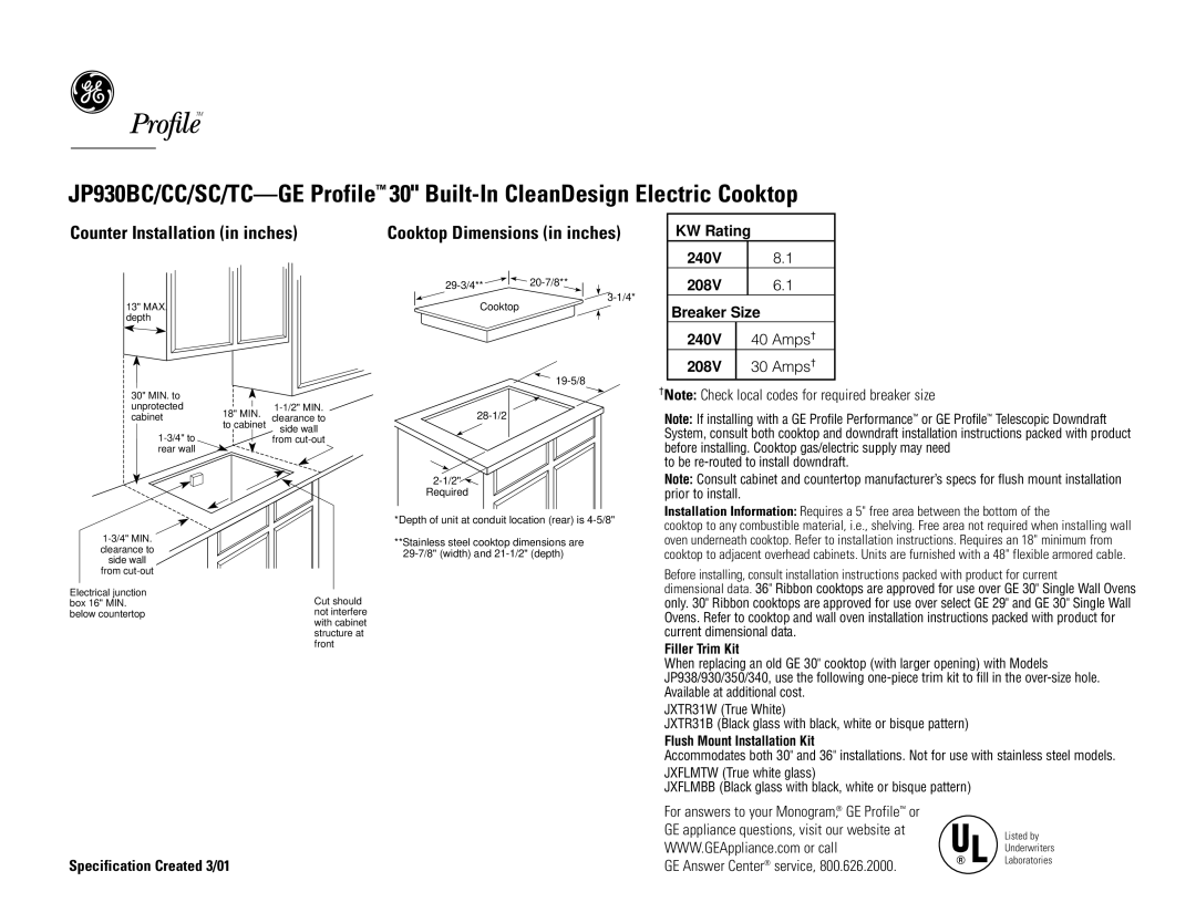 GE JP930CCCC, JP930SCSS, JP930BCBB, JP930TCWW dimensions Counter Installation in inches, KW Rating, 240V 208V Breaker Size 