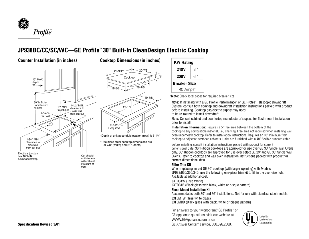 GE JP938BC dimensions Counter Installation in inches, Cooktop Dimensions in inches, KW Rating 240V 208V Breaker Size 