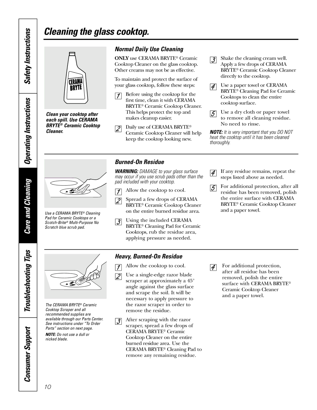 GE JP960 Cleaning the glass cooktop, Consumer Support Troubleshooting Tips, Normal Daily Use Cleaning, Burned-On Residue 
