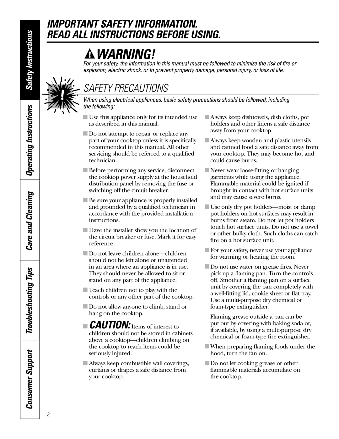 GE JP960 owner manual Safety Precautions 