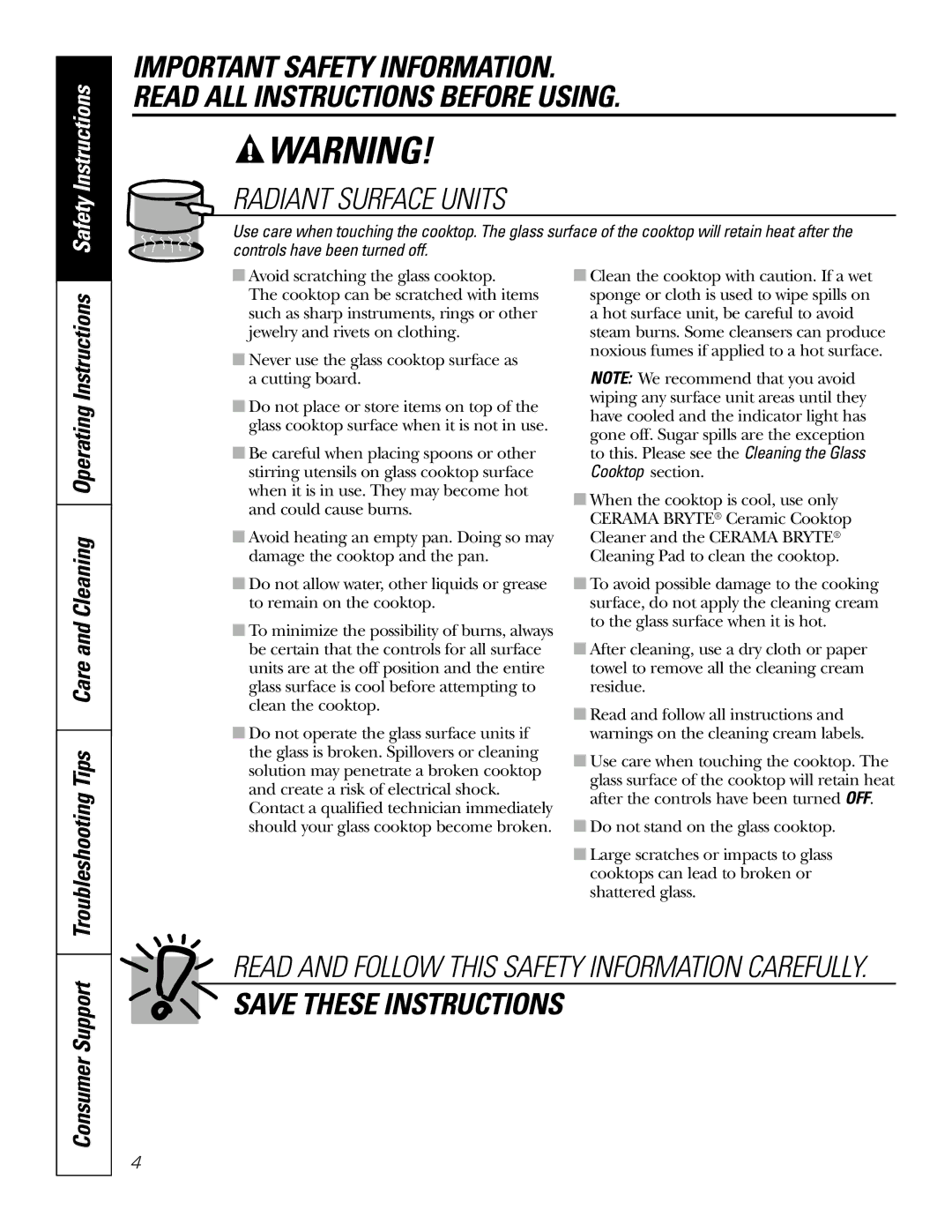 GE JP960 owner manual Radiant Surface Units 