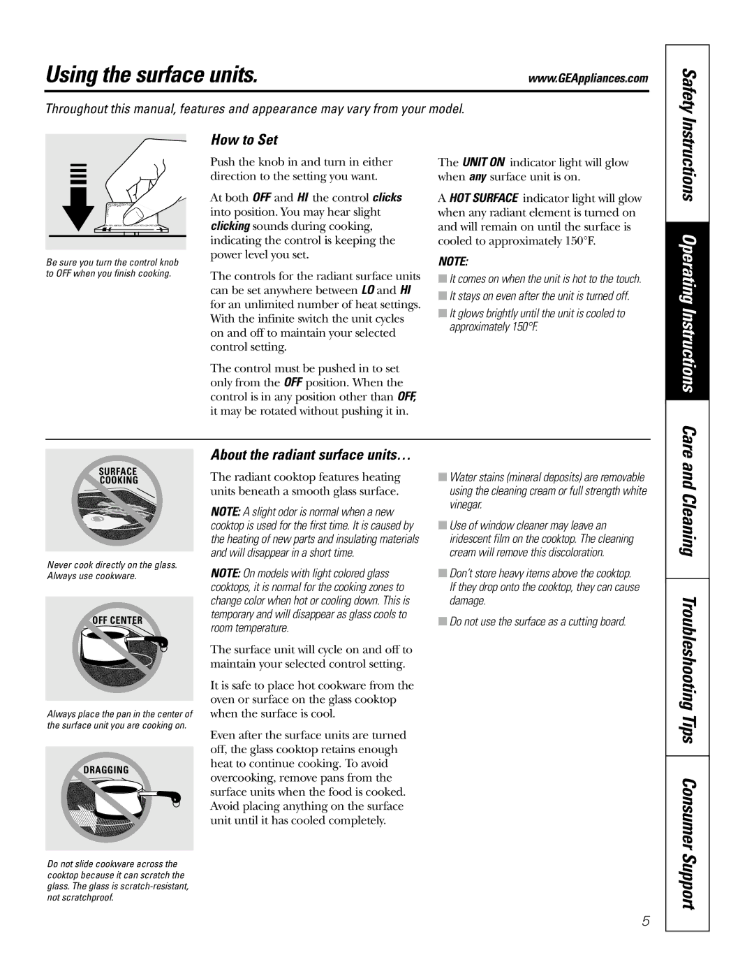 GE JP960 Using the surface units, Cleaning Troubleshooting Tips Consumer, How to Set, About the radiant surface units… 