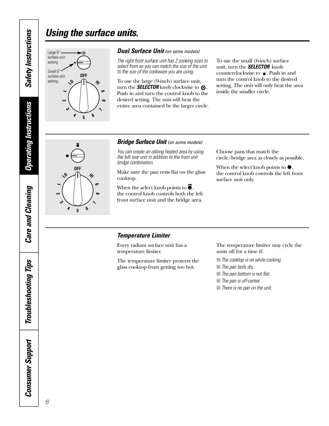 GE JP960 owner manual Cleaning Operating, Consumer Support Troubleshooting Tips Care, Dual Surface Unit on some models 