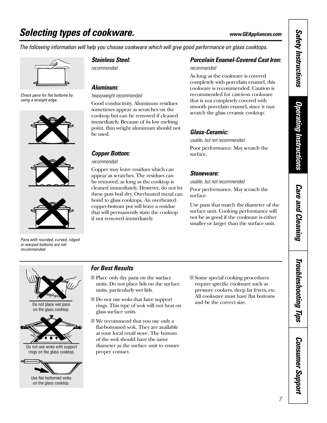 GE JP960 owner manual Selecting types of cookware 