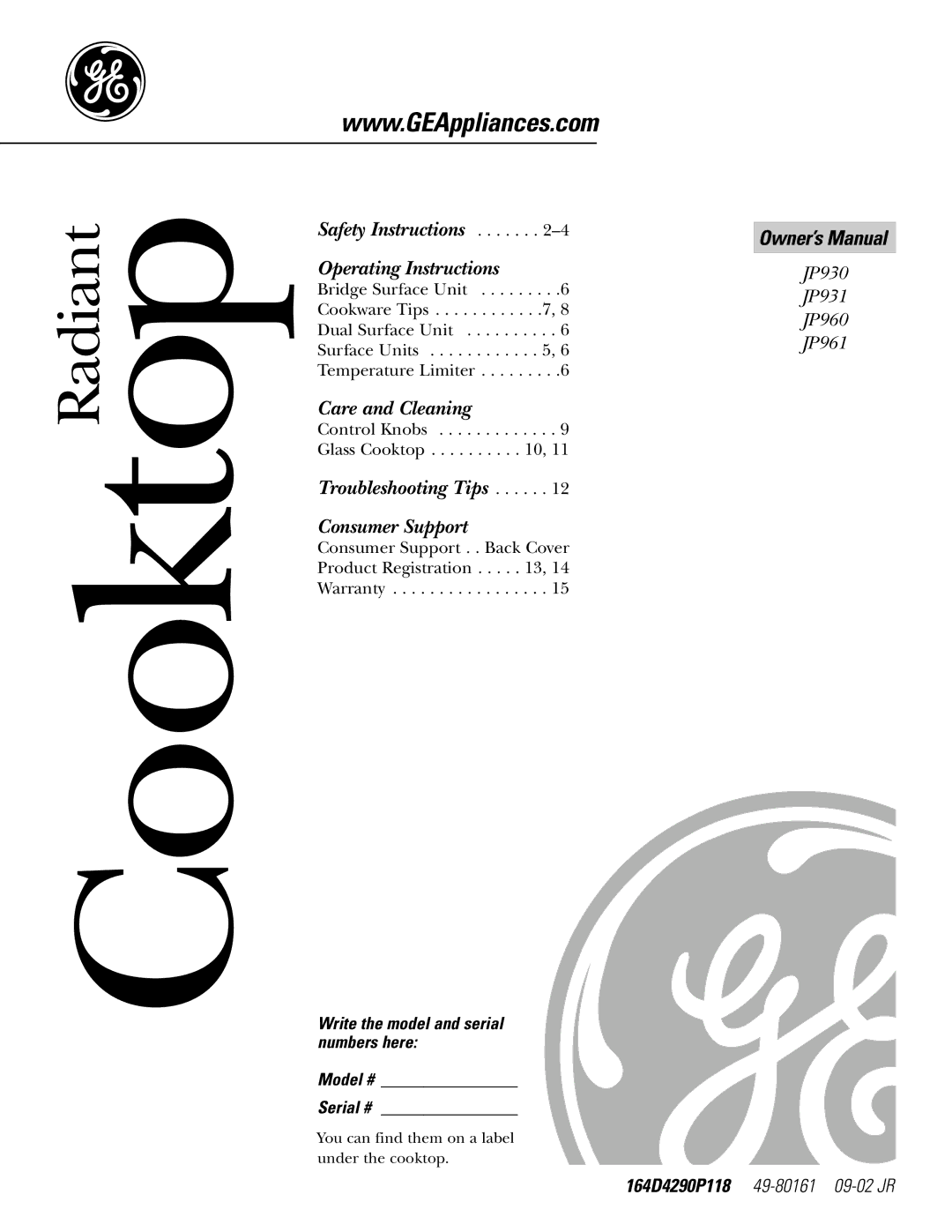 GE JP930, JP961, JP931 owner manual Cooktop, Write the model and serial numbers here Model # Serial # 