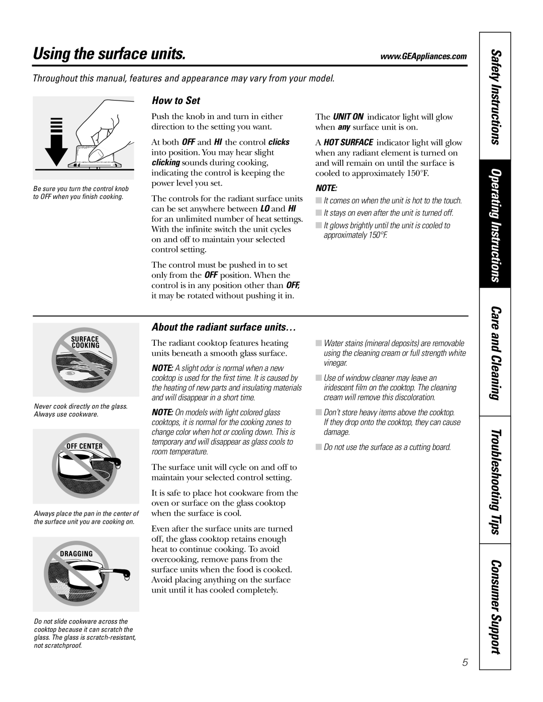 GE JP931 Using the surface units, Cleaning Troubleshooting Tips Consumer, How to Set, About the radiant surface units… 