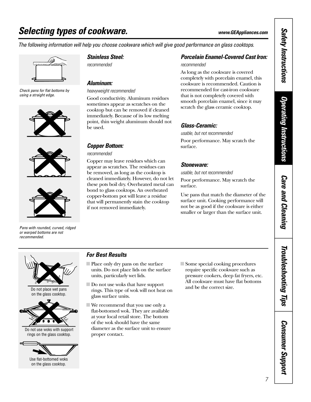 GE JP930, JP961, JP931 owner manual Selecting types of cookware 