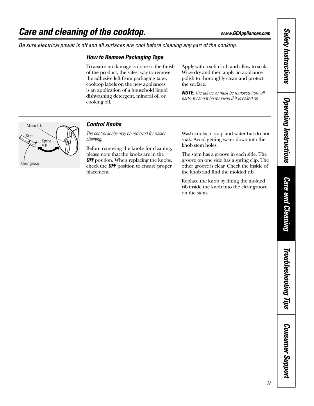 GE JP961, JP930, JP931 owner manual Care and cleaning of the cooktop, How to Remove Packaging Tape, Control Knobs 