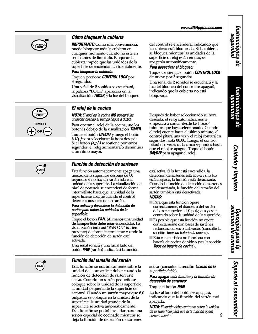 GE JP968 Cómo bloquear la cubierta, El reloj de la cocina, Soporte al consumidor, Para bloquear la cubierta, Notas 