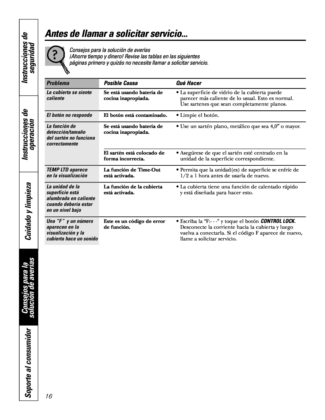 GE JP968 Antes de llamar a solicitar servicio, Instrucciones de seguridad Instrucciones de operación, Problema, Qué Hacer 