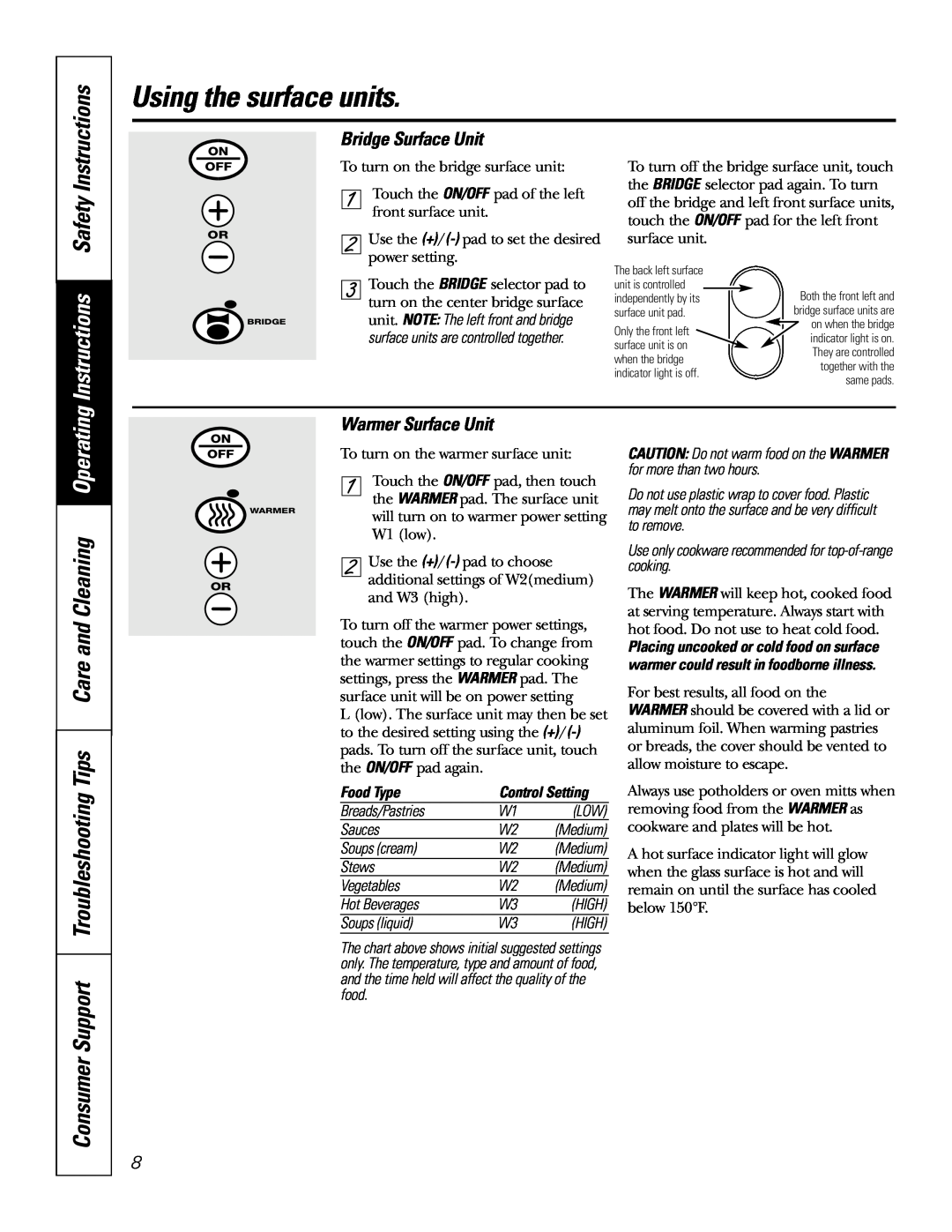 GE JP968 Bridge Surface Unit, Warmer Surface Unit, Using the surface units, Food Type, Control Setting, Breads/Pastries 