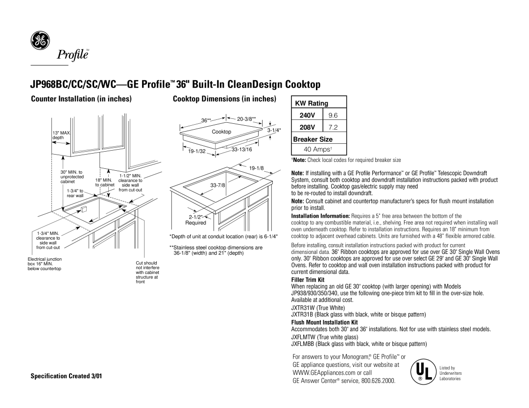 GE JP968CC dimensions JP968BC/CC/SC/WC-GE Profile 36 Built-In CleanDesign Cooktop, Counter Installation in inches, Amps† 