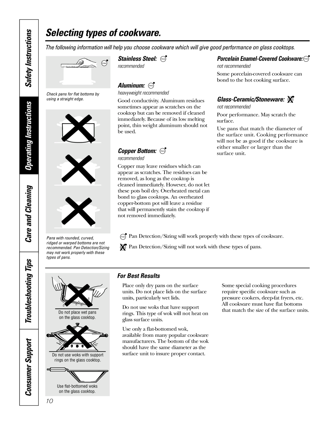 GE JP969, JP939 owner manual Selecting types of cookware, Tips Care and Cleaning 