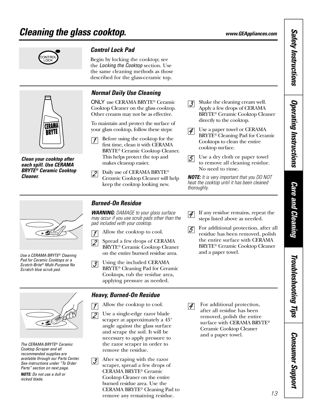 GE JP939, JP969 owner manual Cleaning the glass cooktop, Tips Consumer Support 