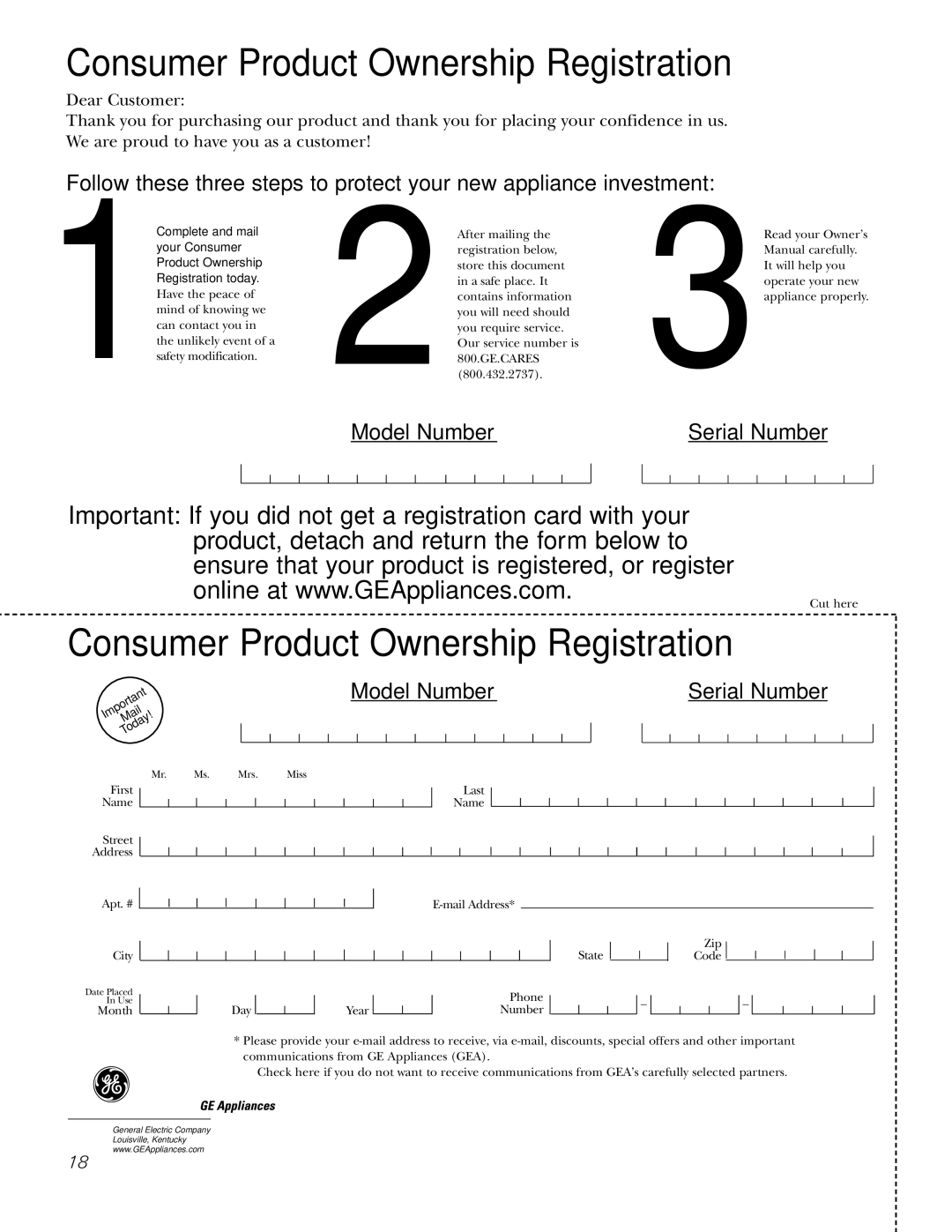 GE JP969, JP939 owner manual Consumer Product Ownership Registration 