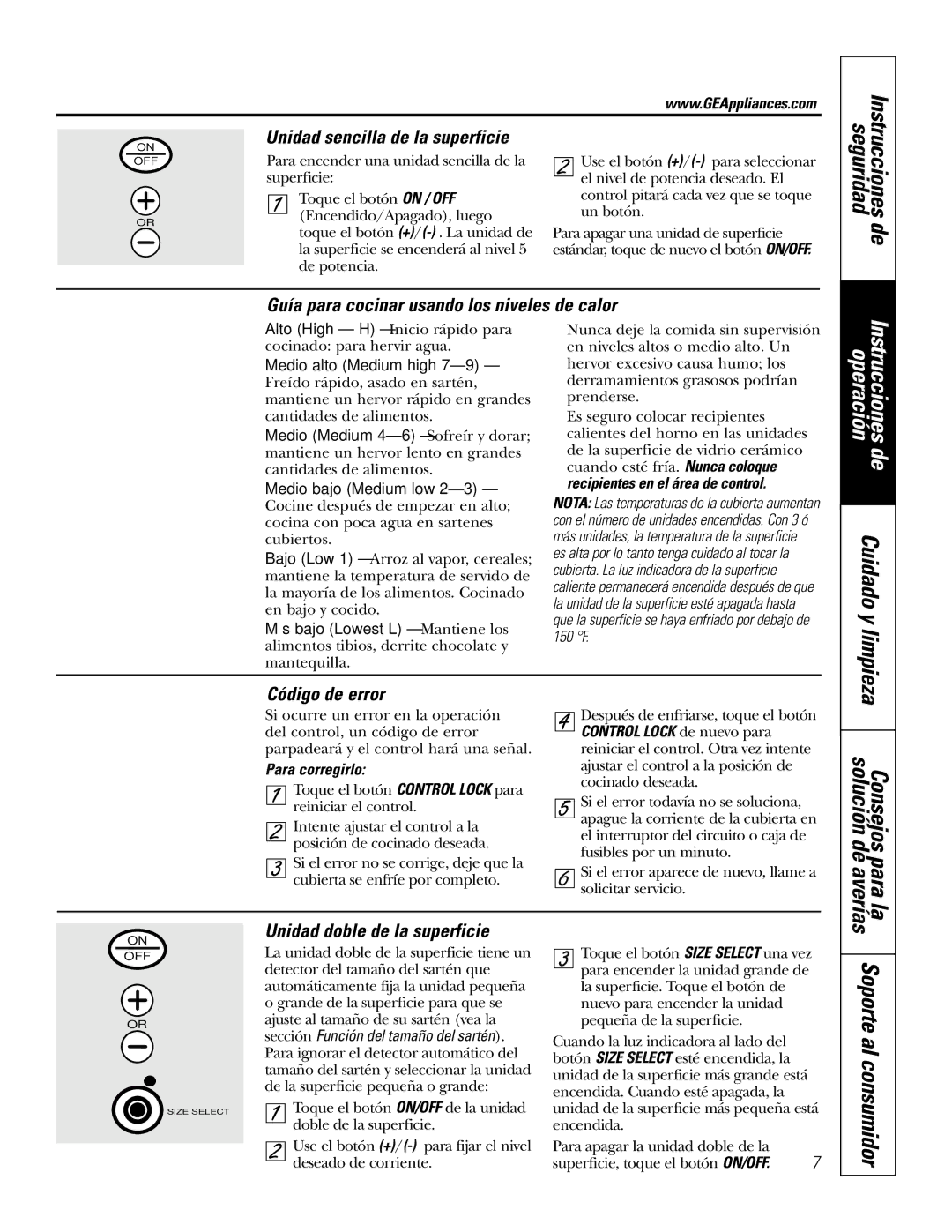 GE JP939 Soporte al consumidor, Unidad sencilla de la superficie, Código de error, Consejos para la solución de averías 