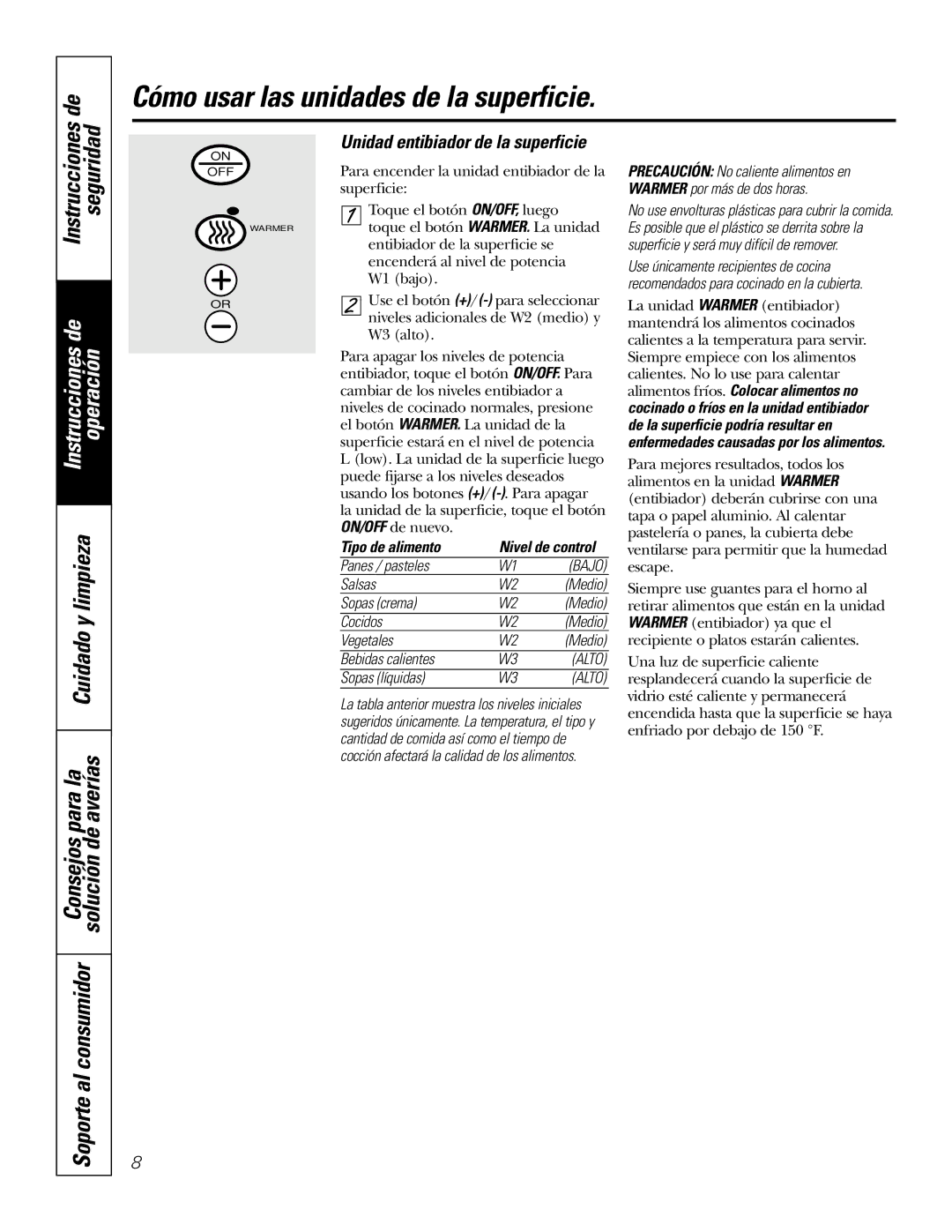 GE JP969, JP939 owner manual Instrucciones seguridad, Unidad entibiador de la superficie, Tipo de alimento 