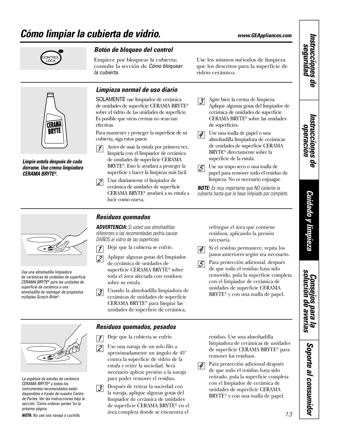 GE JP939, JP969 owner manual Cómo limpiar la cubierta de vidrio, La Soporte al consumidor 