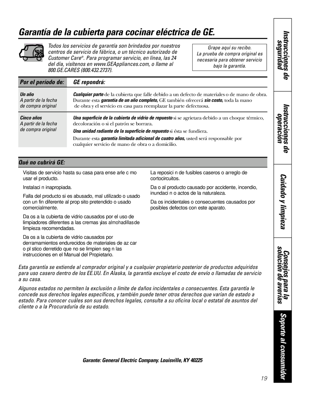 GE JP939, JP969 owner manual Garantía de la cubierta para cocinar eléctrica de GE, GE repondrá, Qué no cubrirá GE 