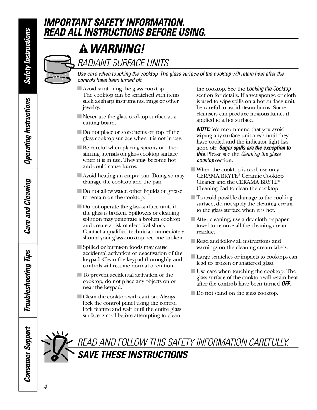 GE JP969, JP939 owner manual Radiant Surface Units 