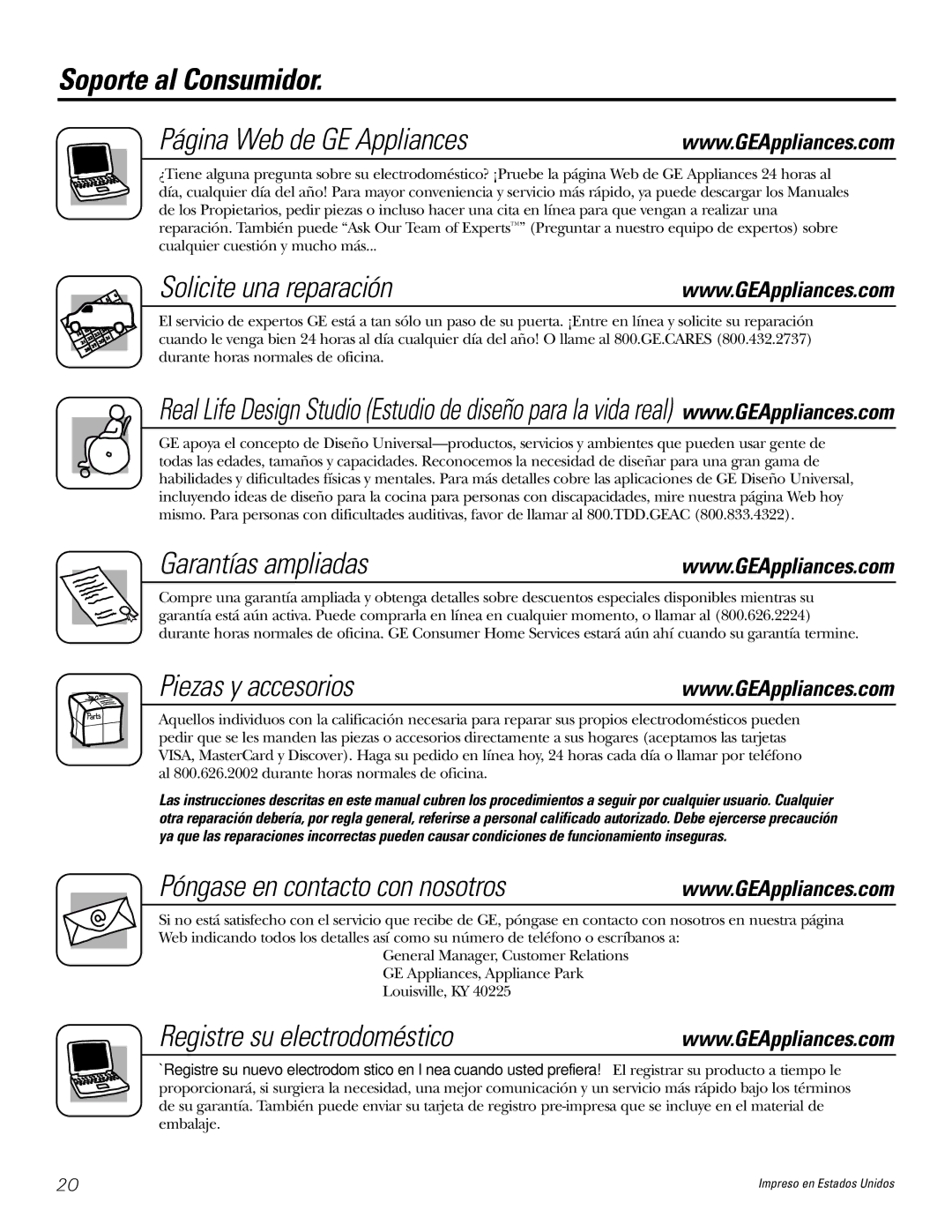 GE JP969, JP939 owner manual Soporte al Consumidor Página Web de GE Appliances, Solicite una reparación, Garantías ampliadas 