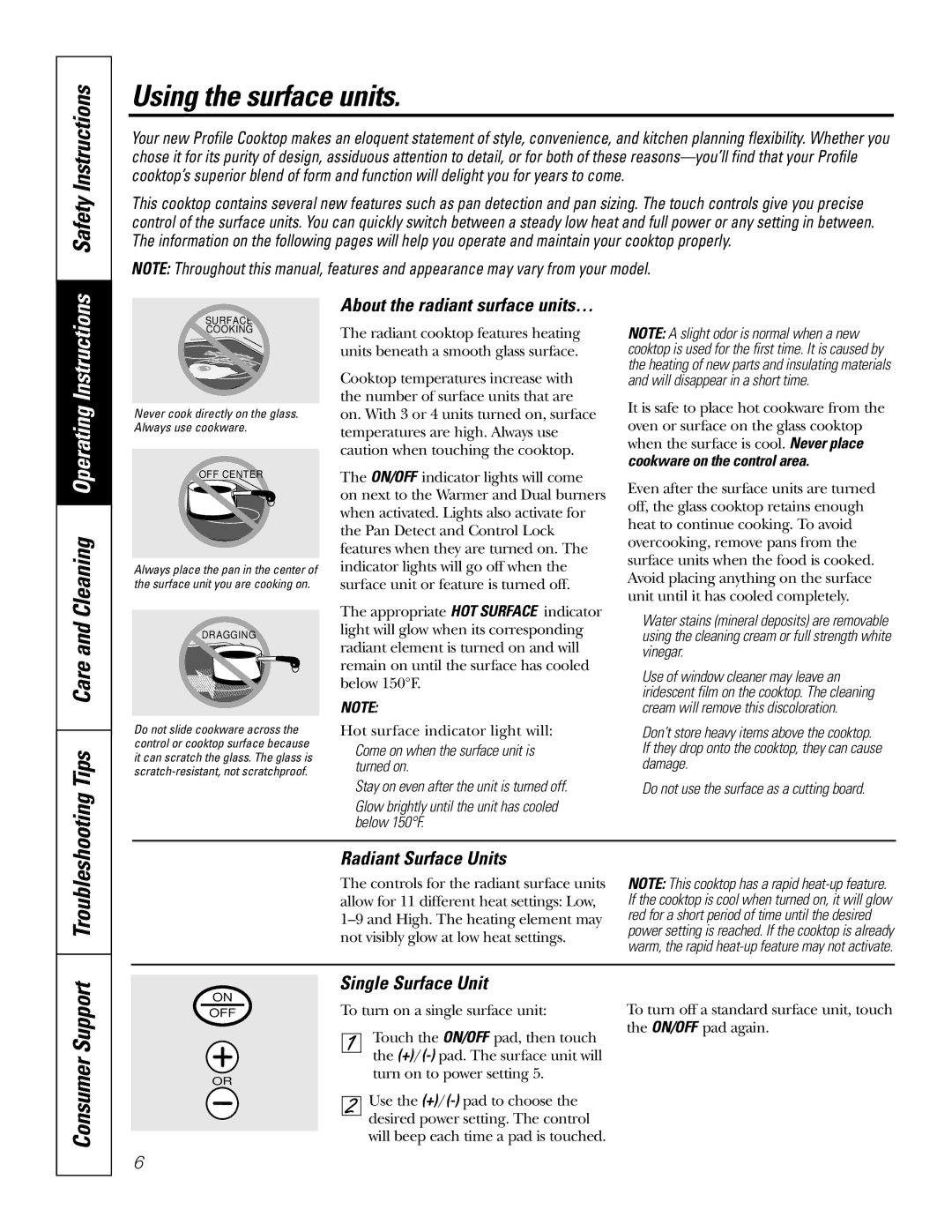 GE JP969, JP939 owner manual Using the surface units, Safety Instructions, Radiant Surface Units, Single Surface Unit 