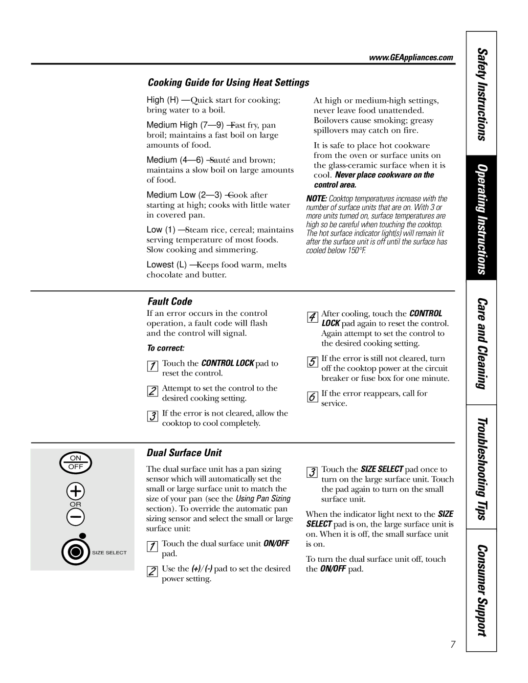 GE JP939, JP969 owner manual Safety, Care and Cleaning, Cooking Guide for Using Heat Settings, Fault Code, Dual Surface Unit 