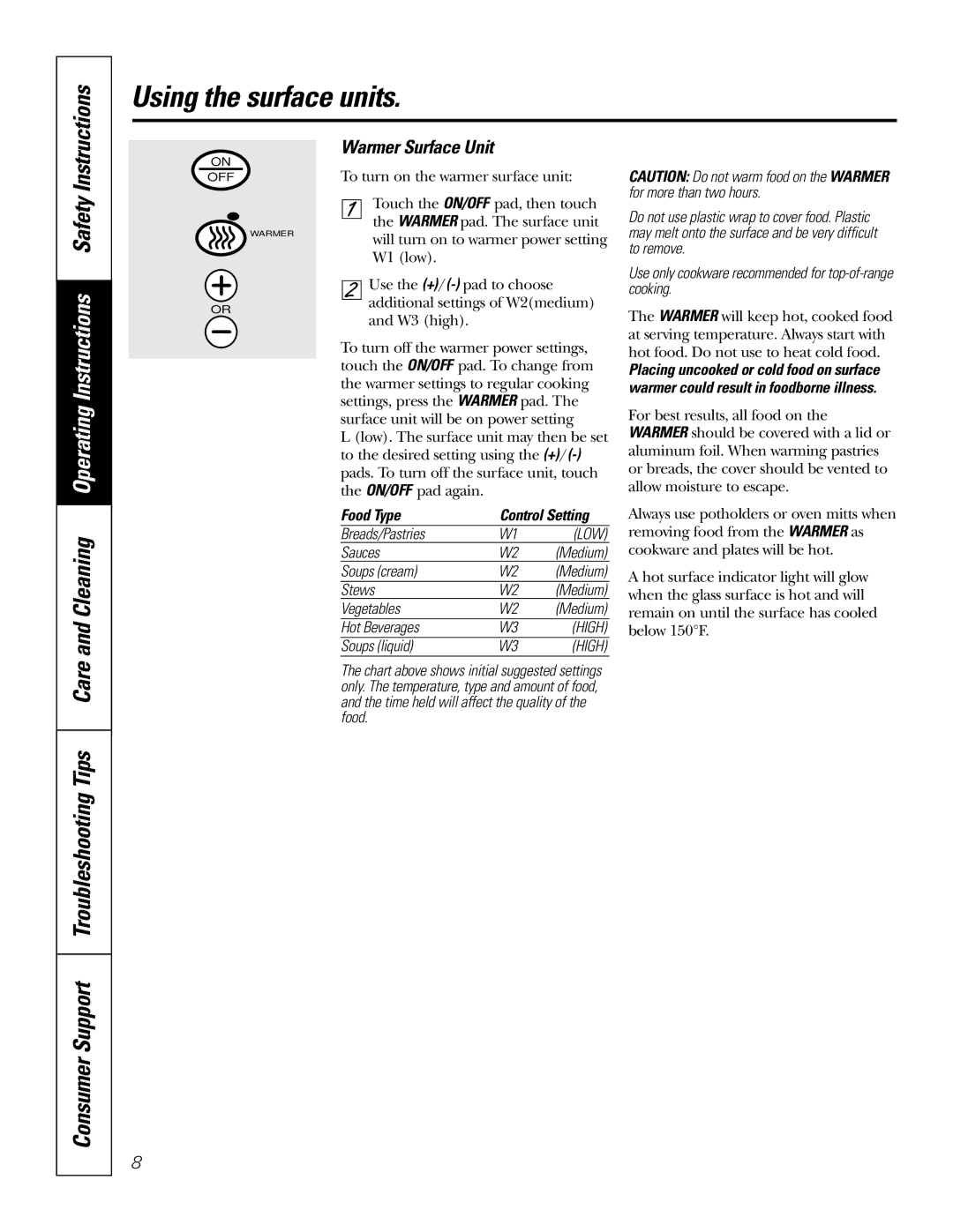 GE JP969, JP939 owner manual Instructions, Warmer Surface Unit, Food Type Control Setting 