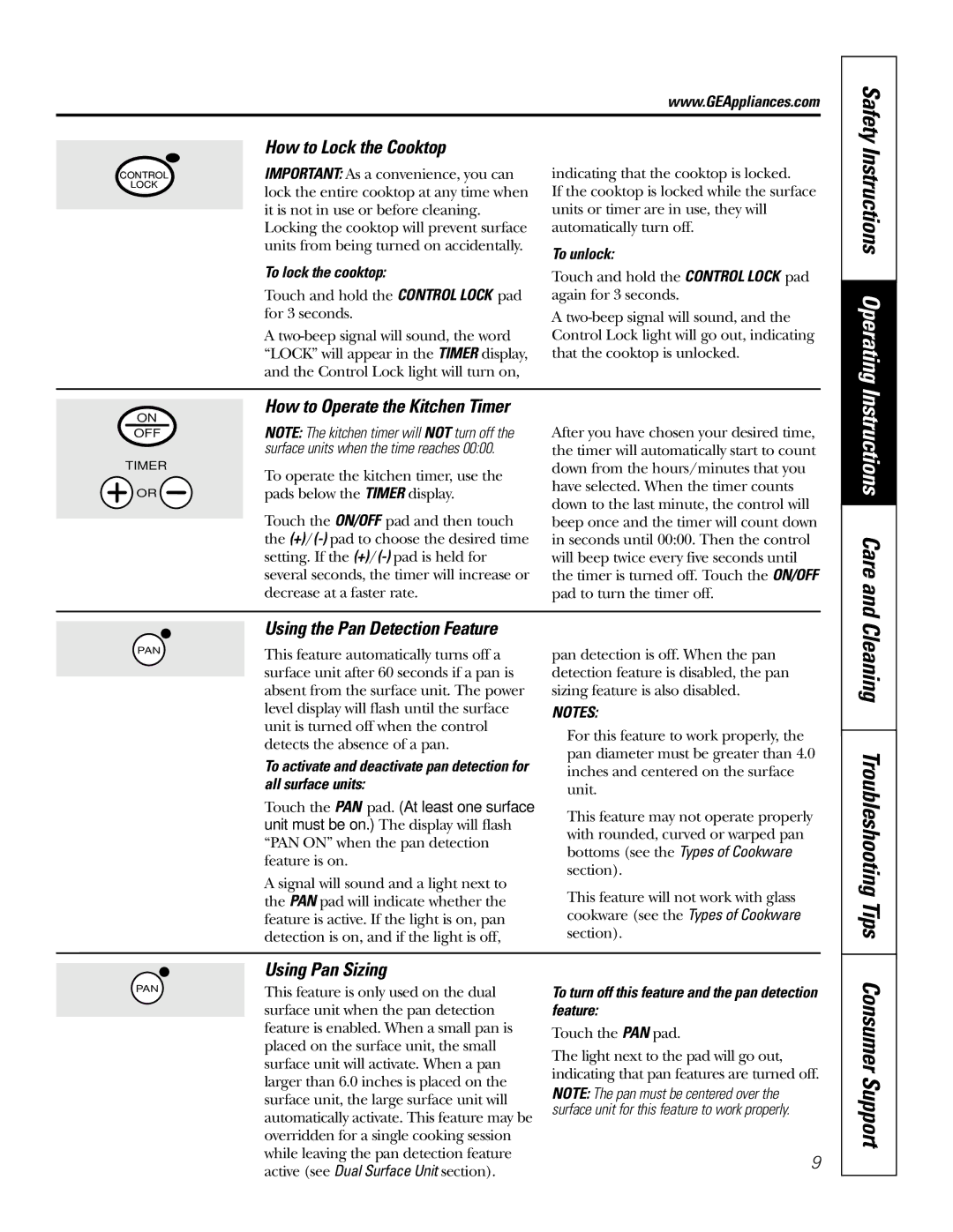 GE JP939, JP969 Consumer Support, How to Lock the Cooktop, Using the Pan Detection Feature, Using Pan Sizing, Safety 