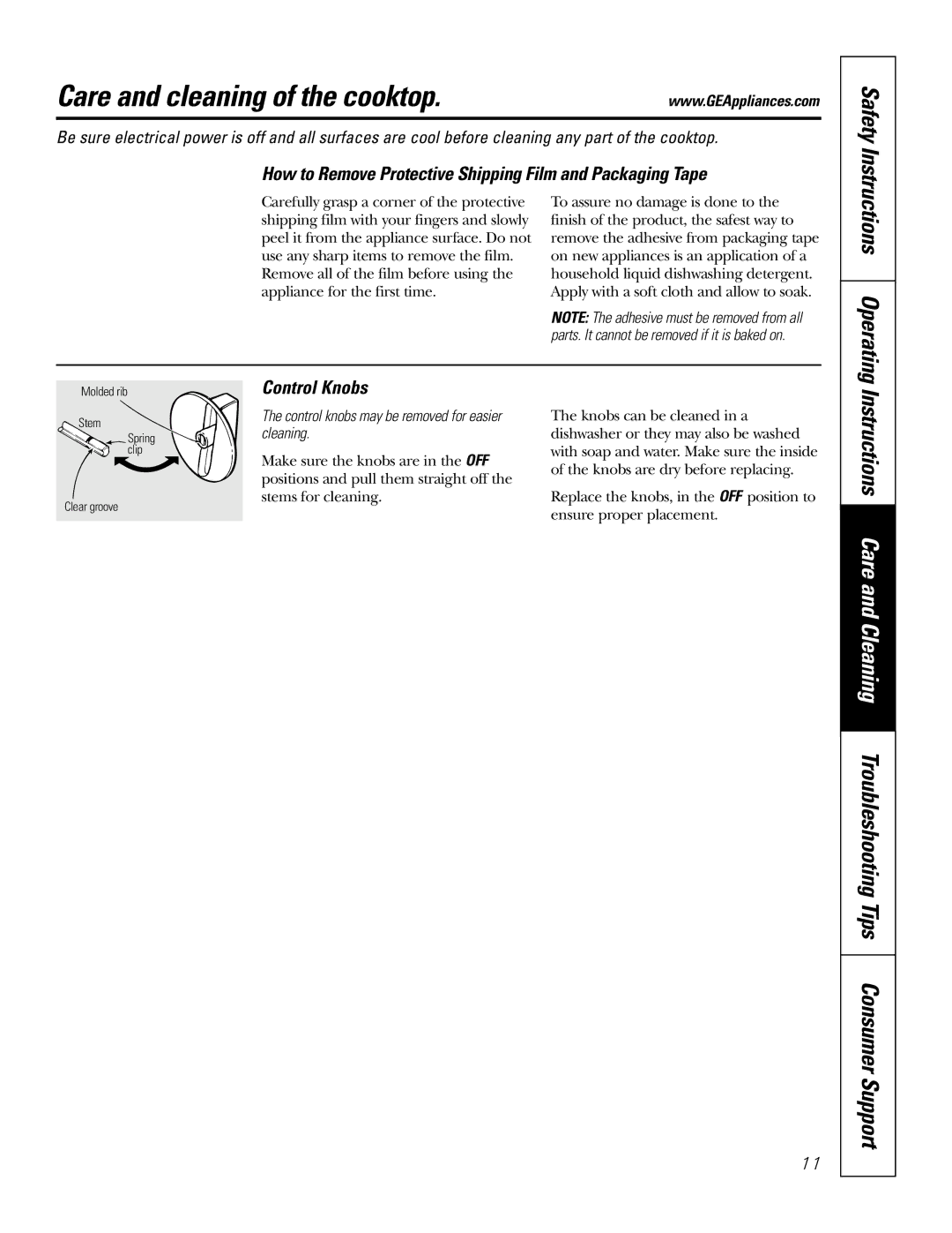 GE JP910, JP970 Care and cleaning of the cooktop, How to Remove Protective Shipping Film and Packaging Tape, Control Knobs 