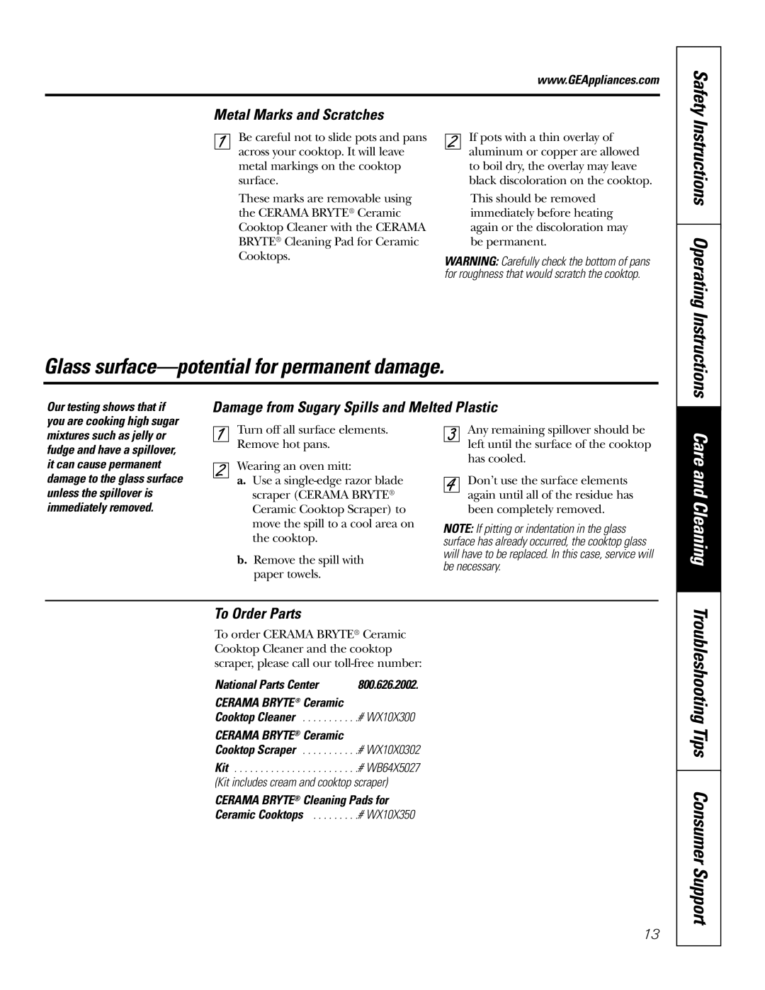 GE JP940 Troubleshooting Tips Consumer Support, Metal Marks and Scratches, Damage from Sugary Spills and Melted Plastic 