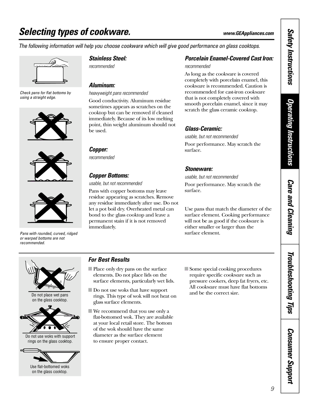 GE JP970, JP940, JP910 owner manual Selecting types of cookware, Care and Cleaning 